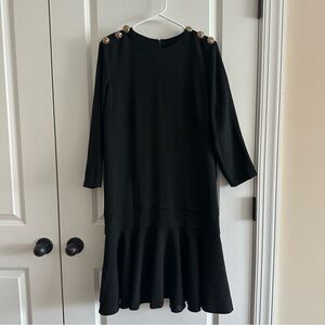 Vintage Jaeger Black 100% Wool Drop Waist Gold Button Midi Dress Size 8